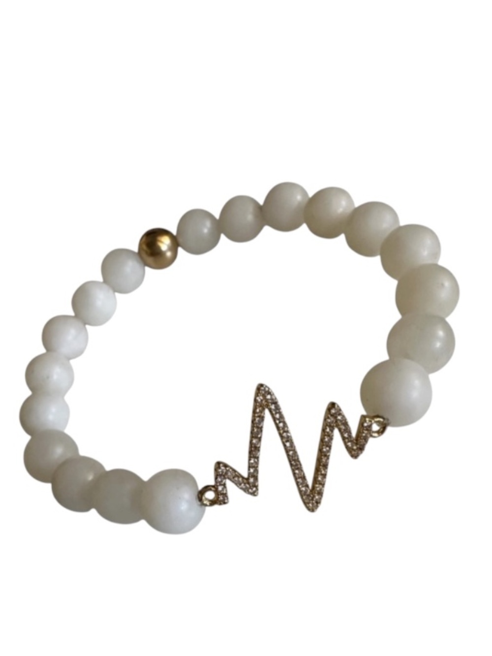 NEW Milk Agate 8mm Beaded Stretch Bracelet Gold Pave Heartbeat Connector